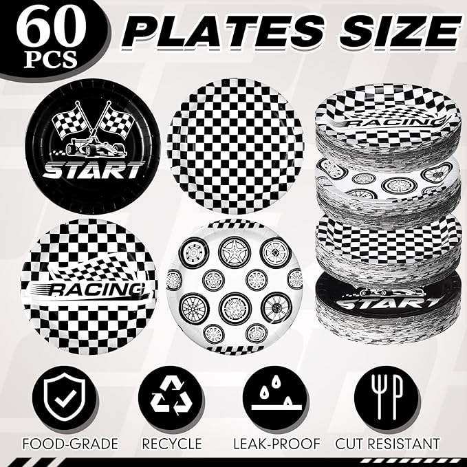 60 Pcs Race Car Birthday Party Decorations 9 Inch Checkered Flag Disposable Paper Plates Racing Themed Dessert Dinnerware for Kids Boys Birthday Baby Shower Home Party Supplies, 4 Style