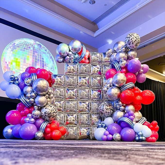Silver Square Foil Balloon Wall,25Pcs Double Sided Balloons Backdrop Helium Polyester Balloon Tunnel Arch Garland Kit for Disco Party Birthday Bridal Anniversary Baby Shower Party Decorations