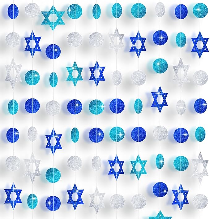 MARFOREVER 41 Ft Hanukkah Decorations Hanging Banner 5 PCS Chanukah Decorations Glitter Blue White Star of David Streamers Swirls Hanukkah Garland for Jewish Party Home Wall Ceiling Decor