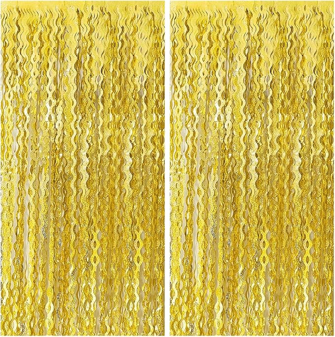 2 Pack Gold Wavy Foil Fringe Curtains, 3.3x6.6 Ft Metallic Tinsel Wavy Backdrop Party Decorations Door Gold Streamers for Birthday Wedding Engagement Decor,Party Supplies