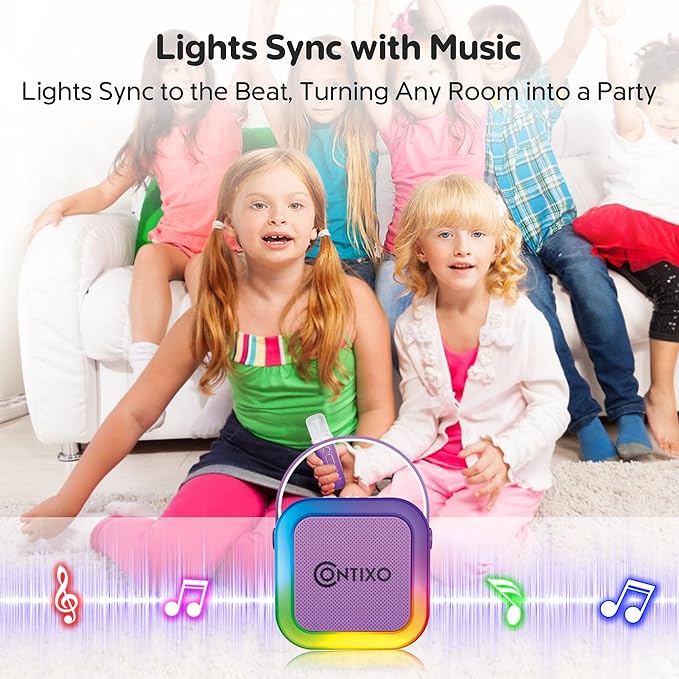 Contixo KS1 Mini Karaoke Machine for Kids, Portable Bluetooth Speaker with 2 Wireless Microphones & Dynamic Lights for Boys & Girls, Home Party Entertainment Toy (Purple)