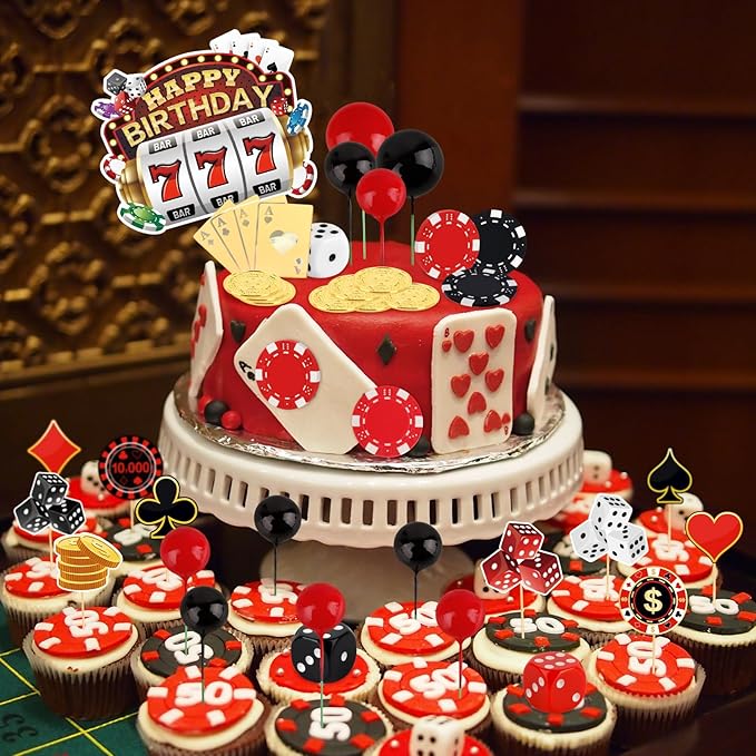 Hooqict 39 Pieces Casino Cake Decorations Set with Mini Slot Machine Dice Poker Birthday Cake Toppers & Cupcake Toppers for Las Vegas Casino Night Theme Party Decorations