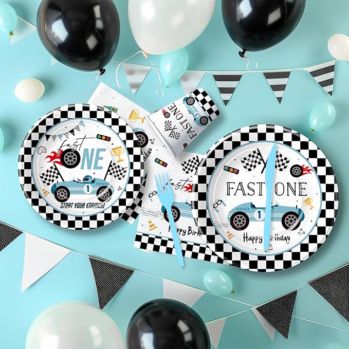 Race Car 1st Birthday Party Supplies - Fast One Plates And Napkins Decorations Boys Tableware, Plate, Cup, Napkin, Fork, Blue Race Car One-Year-Old Decorations | Serve 24