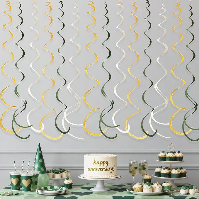 36Pcs Sage Green Gold Hanging Swirl Decorations Glitter Gold Olive Green Beige Felt Swirl Streamer Spiral Ceiling Garland for Wild One Jungle Woodland Safari Neutral Birthday Baby Shower Wedding Party