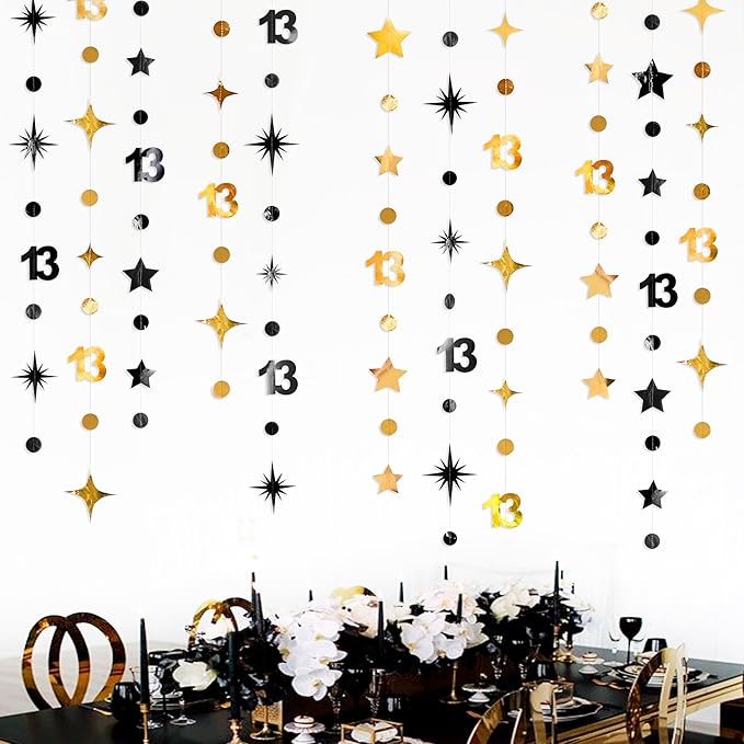 Black Gold 13th Birthday Decorations Number 13 Circle Dot Twinkle Star Garland Metallic Hanging Streamer Banner Backdrop Girls Boys 13 Years Old Birthday Thirteen Official Teenager Party Supplies