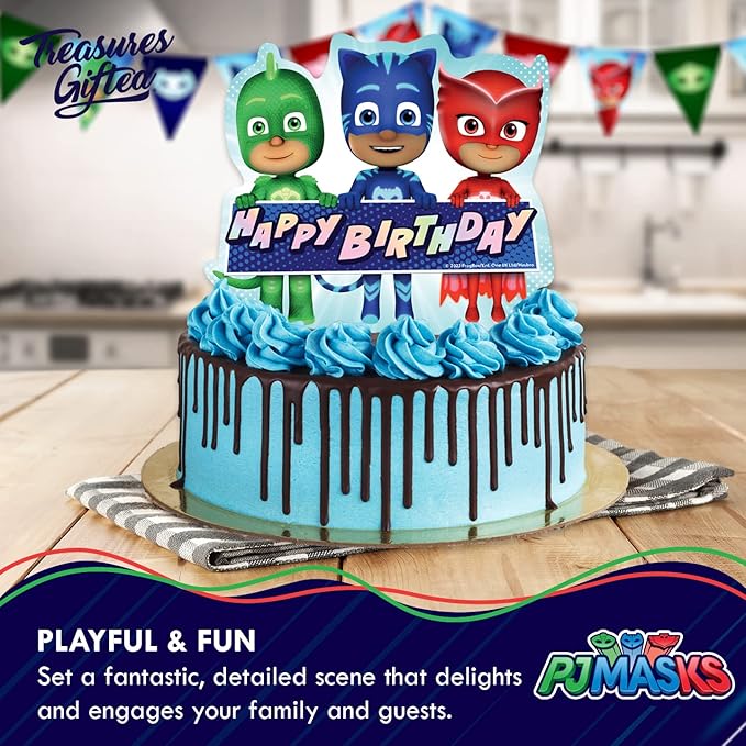 Treasures Gifted Officially Licensed PJ Masks Cake Topper - PJ Masks Birthday Party Supplies - PJ Masks Cake Decorations - PJ Mask Party Decorations - PJ Masks Birthday Decorations