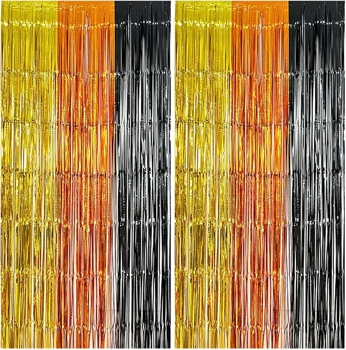 2 Pack Construction Foil Fringe Curtains, 3.3x6.6 ft Yellow Orange and Black Tinsel Fringe Streamers Photo Booth Backdrop for Construction Party Decoration, Birthday Party Supplies