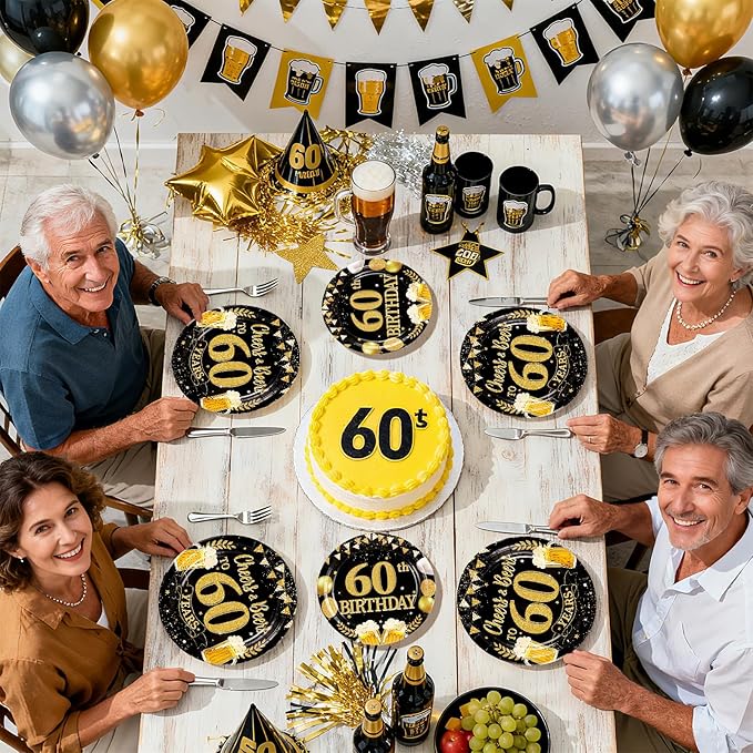 96Pcs 60th Birthday Party Supplies Black Gold Plates and Napkins Tableware Sets Cheers and Beers to 60 Years Decorations Favors for Men Women 60 Years Old Birthday Dinner Holiday Party Serves 24