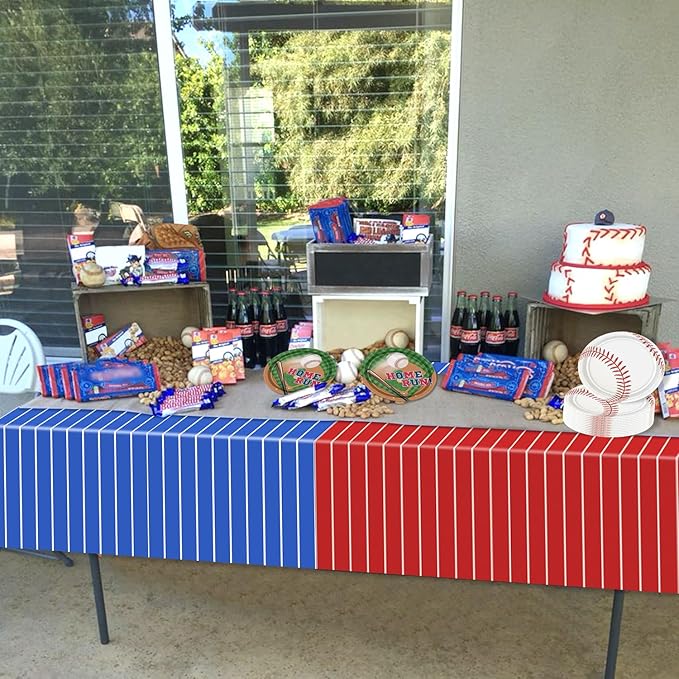 Disposable Baseball Tablecloths, 4 Pcs Plastic Red and Blue Stripe Table Covers for Baseball Birthday Decorations, 51 x 86 inches