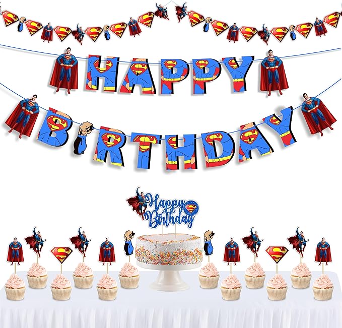 "Suprmn Theme Birthday Party Supplies – Superhero Decorations Set – Includes Happy Birthday Banner, Cake Topper, Cupcake Toppers,Garland & Table Décor – Hero Party Decoration Kit"