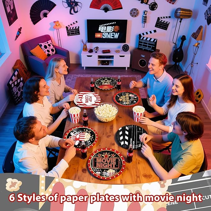 Grencian 60 Pcs Movie Night Paper Plates 9" Disposable Heavy Duty Now Showing Theater Dessert Paper Plates Movie Theme Tableware Set for Film Action Light Camera Red Carpet Birthday Party Decorations