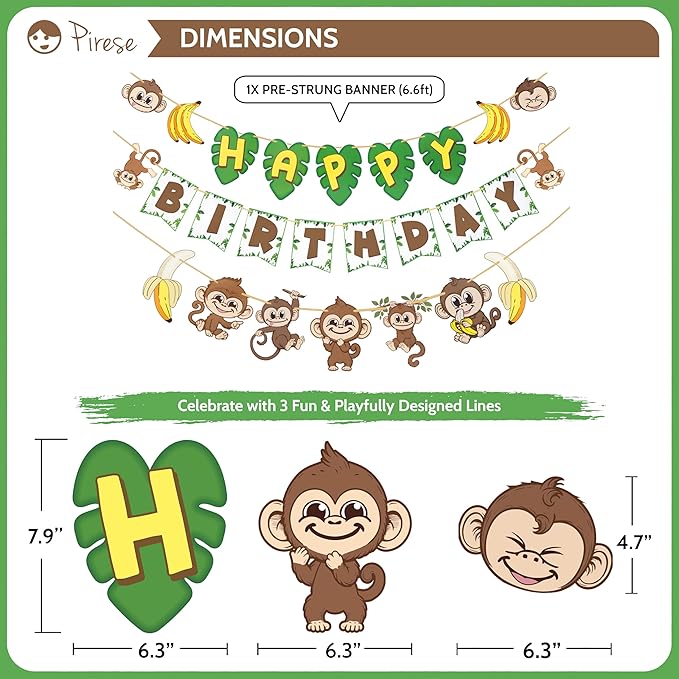 Pirese Monkey Birthday Banner, Monkey Party Decorations, Jungle Birthday Party Decorations | Banana Party Decorations| Banana Birthday Decorations | Monkey Birthday Party Supplies | Monkey Decor
