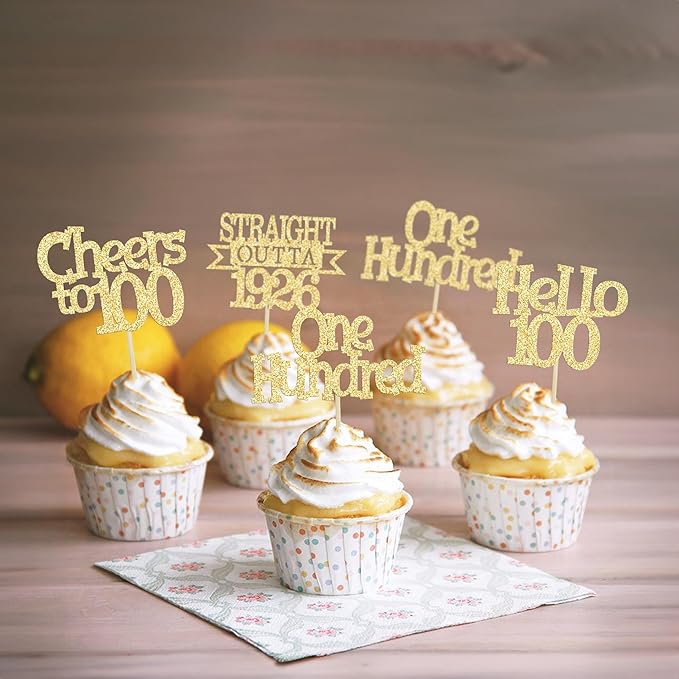 Ephlyn 24Pcs Happy 100th Birthday Cupcake Toppers Glitter Straight Outta 1926 Cupcake Picks Hello 100 Cheers to 100 Years Birthday Cake Decorations for 100th Anniversary Party Supplies Gold