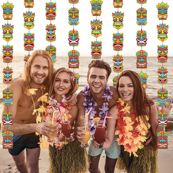 Pasimy 8 Pieces Hawaiian Party Decorations Hawaiian Tiki Hanging Banner Aloha Luau Garlands Banners for Summer Tropical Theme Birthday Party Supplies