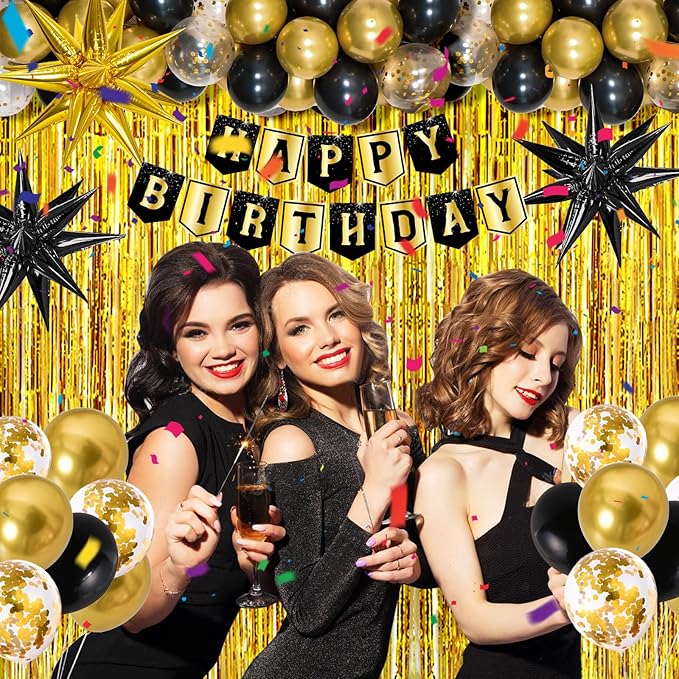 Black and Gold Birthday Decorations for Men Women, Black Gold Party Decorations Kit with Happy Birthday Banner Backdrop Tablecloth Foil Curtains Balloons Arch, Happy Bday Party Supplies for Him