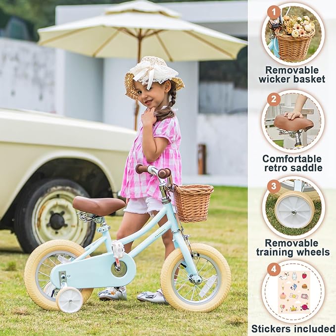 Petimini Vintage Kids Bike for Girls, 12–20 Inch Classic Bicycle with Wicker Basket & Bell, High Tensile Steel Frame, Training Wheels (12–18”), 85% Pre-Assembled, Retro Bike for Outdoor Riding
