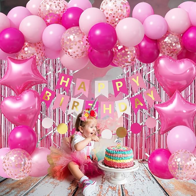 Pink Birthday Decorations for Girls, Hot Light Pink Balloon Garland Arch Kit Happy Birthday Banner Foil Curtain Heart Star Foil Party Balloons for Princess Party Decor