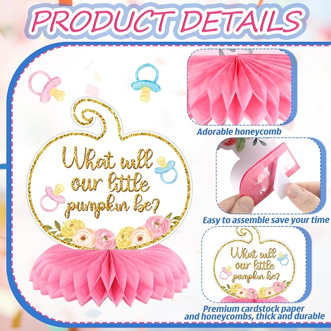 12 Pcs Fall Thanksgiving Gender Reveal Decoration What Will Our Little Pumpkin Be Honeycomb Centerpieces He or She Maple Pumpkin Thanksgiving Table Decoration Table Topper for Party Favors Supplies