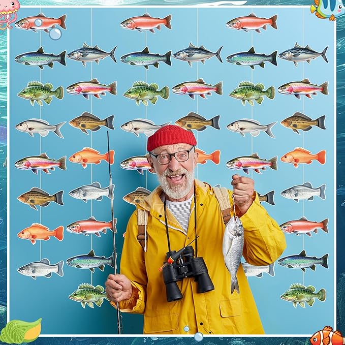 Pasimy 8 Pcs Fish Party Decoration Banner Fishing Garland Fisherman Birthday Party Photo Booth Fishing Supplies for Fisherman Competition Tournament Retirement Barbecue