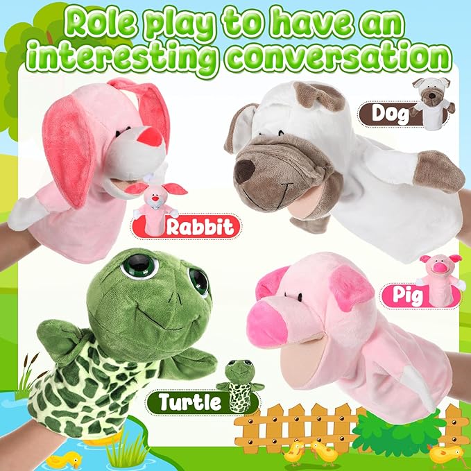 4 Pcs Hand Puppet Animal with Working Mouth 9.8 Inch Animal Puppet Soft Plush Toy for Storytelling Theater Preschool Birthday Gifts (Turtle, Rabbit, Pig, Dog)