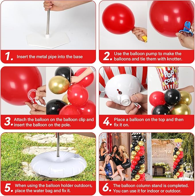 2 Sets Movie Night Balloon Column Stand Kit With 102 Popcorn Clapboard Foil Balloons 5.57ft Adjustable Tower Stand With Base Adjustable Arch Column for Camera Film Movie Birthday Party Supplies