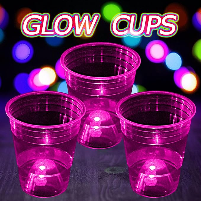 mishunyus 24 pcs Pink Glow-in-the-Dark Plastic Cup Set for Party Event Fun, 16 oz Cups, Wedding House Parties Birthdays Concerts Weddings BBQ Beach Holidays