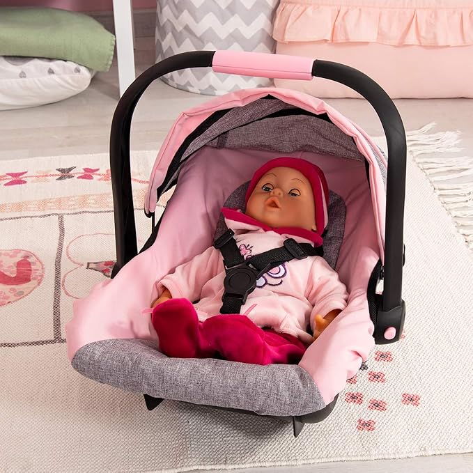 Bayer Design 67933AA Toy, Car Seat Easy Go for Neo Vario Pram with Cover, Doll Accessories, Pink, Grey with Butterfly,Grey/pink, for dolls up to 18"