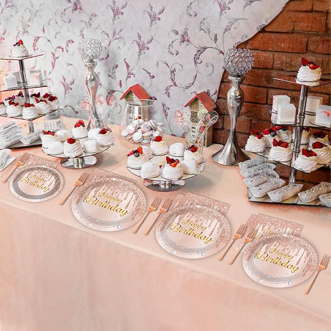 ZOIIWA 96 Pieces Happy Birthday Tableware Set for Pink Rose Gold Table Decorations Supplies Dessert Plates Napkins Forks Women 24 Guests Disposable Party Favors