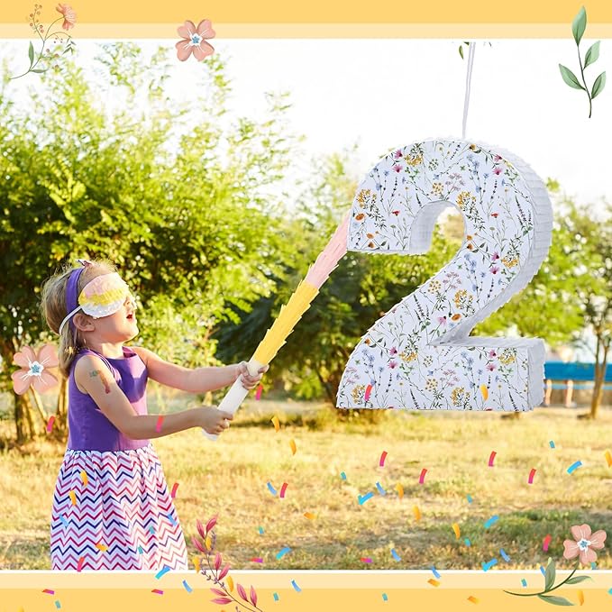 Wildflower Number Pinata Birthday Decorations Spring Floral Pinata with Stick Blindfold Confetti for Birthday Party Supplies Baby Shower Decor(Number 2)