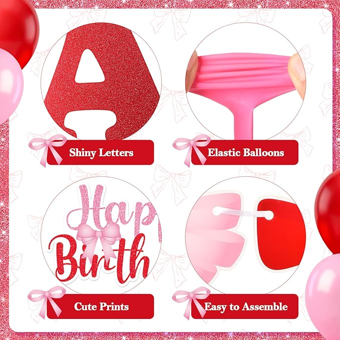 Red Pink Bow Birthday Party Decorations Bow Happy Birthday Banner Pink Red Balloons Cake and Cupcake Toppers for Girls Women Coquette Bday Wedding Bridal Valentine's Day Baby Shower Party Supplies