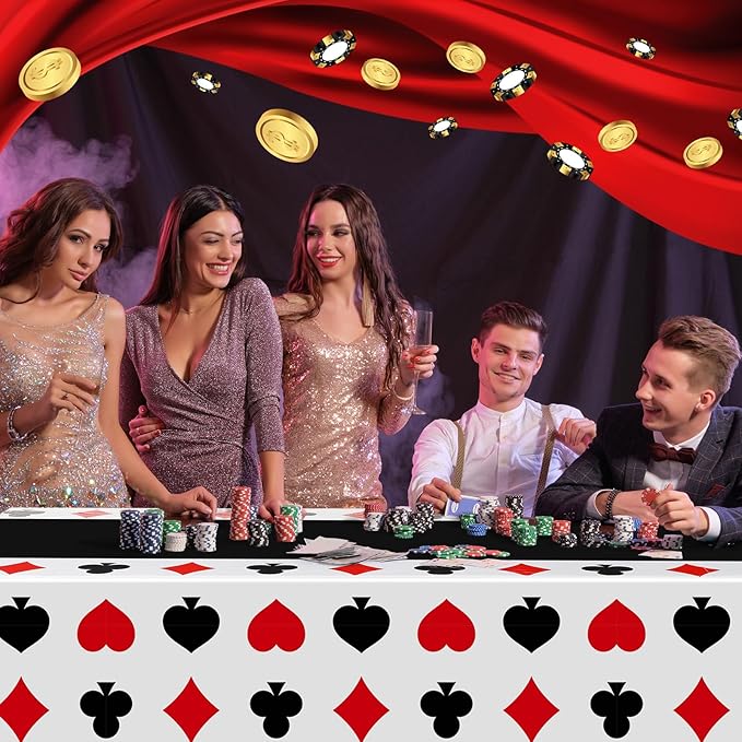 Hosuly 3 Pcs Casino Theme Party Decorations Poker Tablecloth Poker Plastic Disposable Table Cover Casino Theme Tablecloth for Game Birthday Playing Card Party Picnic Supplies, 51 x 108 Inch (Black)