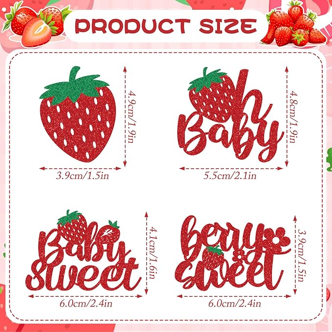 Strawberry Oh Baby Cupcake Toppers - 36PCS Glitter Baby Sweet Cupcake Decor, Strawberry Baby Shower Party Supplies