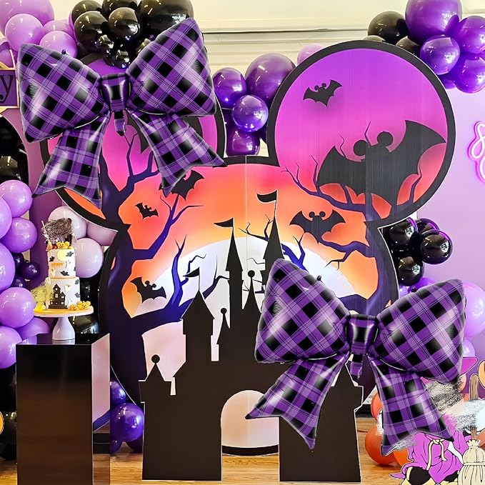 4Pcs Purple Black Gingham Bow Foil Balloons/Purple Plaid Checkered Bow Balloon for Korean Idol Demon Hunters Party, Bad Girl Showgirl Decor, Wednesday Ad*dam*s，Disco Cowgirl, Girls Night Out, Kurumi