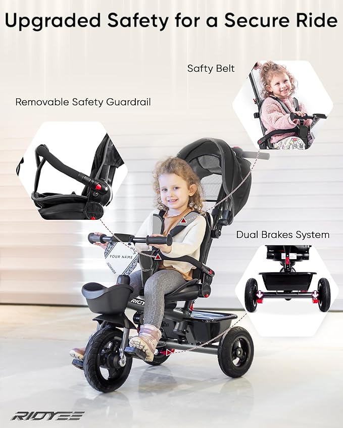 7-in-1 Tricycle for 18 Months to 5 Years, All-Terrain Rubber Tires, Dual Wheel Brakes, Rotatable Seat for Toddlers 1.5-3, Tricycle for 3-5 Years with DIY Stickers, Grey