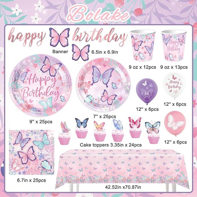 Butterfly Birthday Party Supplies Decorations Tableware Set Serves 25 Butterfly Disposable Paper Plates Napkins, Cups, Cake Toppers Tablecloth, Banner, and Balloons for Butterfly Decorations