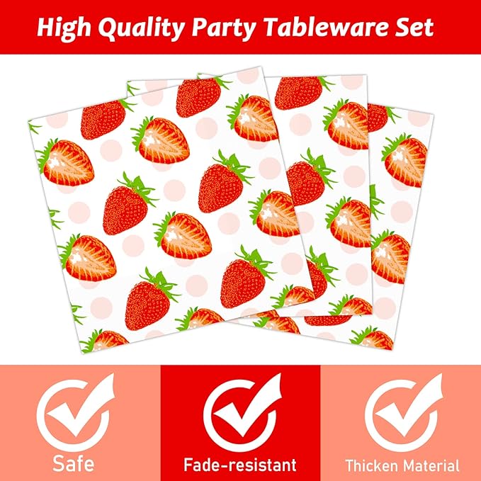 gisgfim 96 Pcs Strawberry Party Supplies - Paper Plates, Napkins, 1st Birthday Tableware Set - Summer Sweet Berry Decorations for Kids - Serves 24