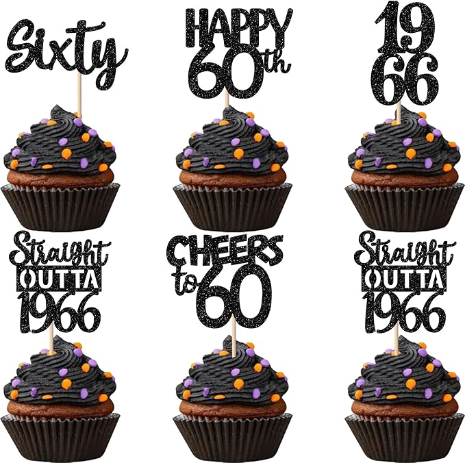 30PCS Black 60th Birthday Cupcake Toppers Glitter Sixty Happy 60 Straight Outta 1966 Cupcake Picks for Cheers to 60 Years 60th Birthday Wedding Anniversary Party Decoration Supplies