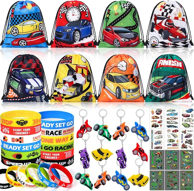 Winrayk 12 Sets Race Car Party Favors Birthday Supplies Racing Drawstring Bags Luminous Tattoo Stickers Boys Kids Racing Gifts Toys Goodie Bag Stuffers Filler Race Car Themed Birthday Party Supplies