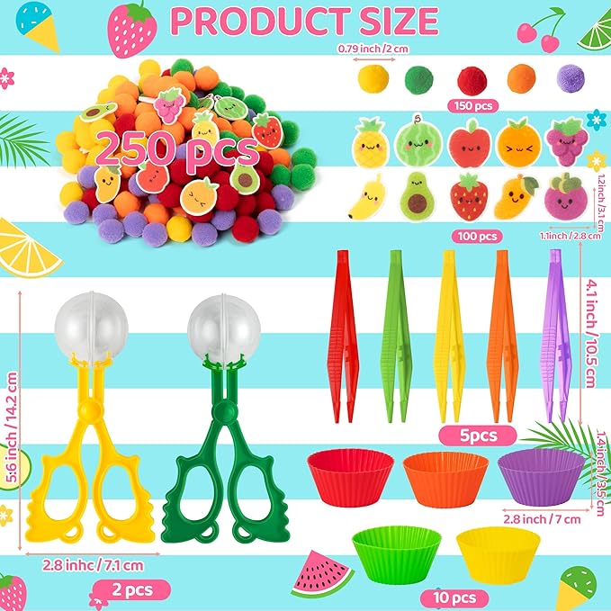 EZdhuawuse Summer Sensory Bin Fillers - 268P Summer Fruit Fine Motor Toys Counting Sorting for Kids, Color Sorting Set with Felt Banana Pom Poms Cup Clip for Preschool Education Birthday Party Favors