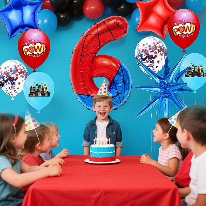 Spider Web Number 6 Balloon Birthday Decoration, Superhero Themed 40in Giant Mylar Number Party Supplies