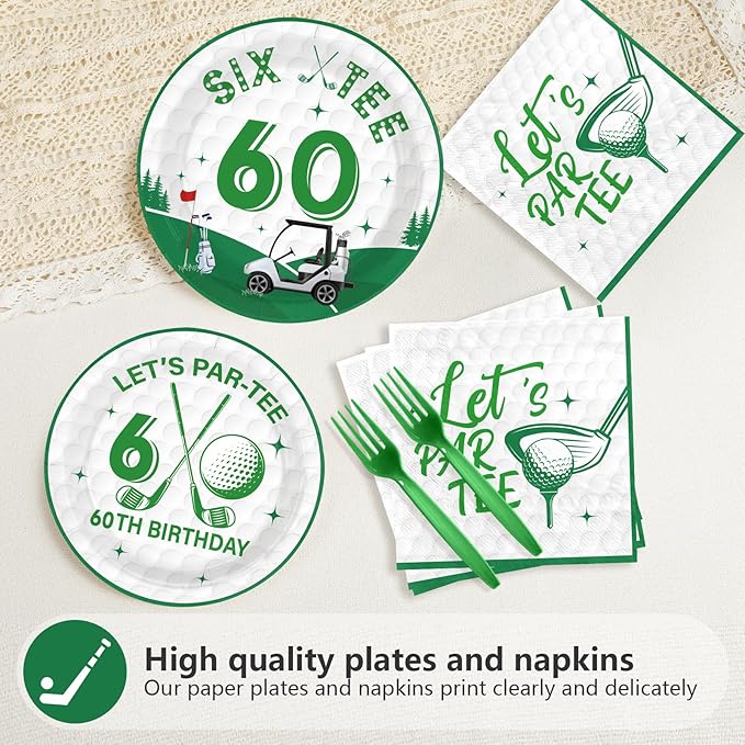 96Pcs Golf 60th Party Decorations for Men Golf 60th Birthday Paper Plates and Napkins Sets Sports Theme Decoration for Golfer Fans Sixty 60 Years Old Party Supplies Serve 24