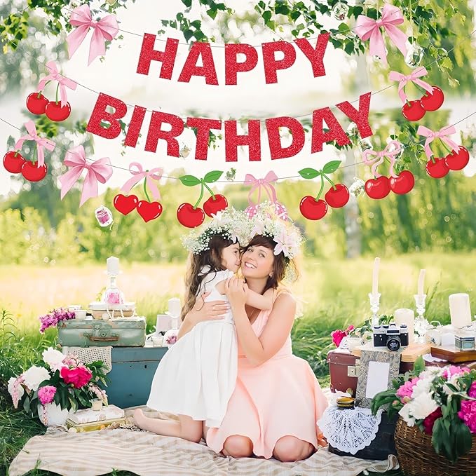 3 Pcs Cherry Birthday Party Decorations Red Glitter Happy Birthday Banner Colorful Hanging Decor Funny Banner Cutout Garland for Themed Decorations Bridal Shower Party Supplies