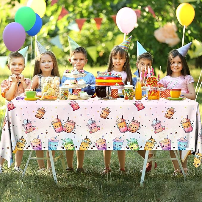 Boba Tea Party Decorations,3pcs Bubble Tea Birthday Tablecloths Waterproof Plastic Boba Table Covers for Boba Party Decorations