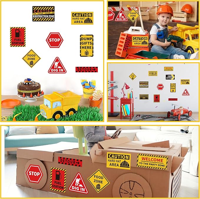 12 Pcs Construction Party Decor Sign, Building Sign Party Decoration, Craft Building Theme Party Signs, Warning Traffic Road Area Signs, Boys Kids Birthday Building Party Supplies