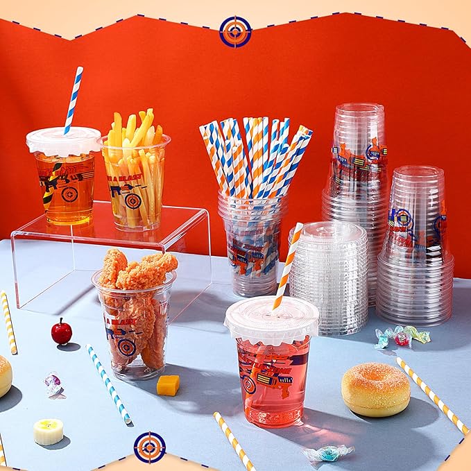 Domensi 50 Pcs Dart Party Plastic Cups 12 oz Disposable Dart Game Plastic Cups with Straws and Lids Gun Clear Mug Supplies Birthday Table Decorations Party Favor