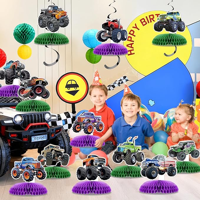 12 PCS Monster Truck Party Table Decorations, Monster Truck Birthday Honeycomb Centerpiece, Racing Car Theme Birthday Decoration for Boys Girls Baby Shower Kids Cake Decorations Party Supplies
