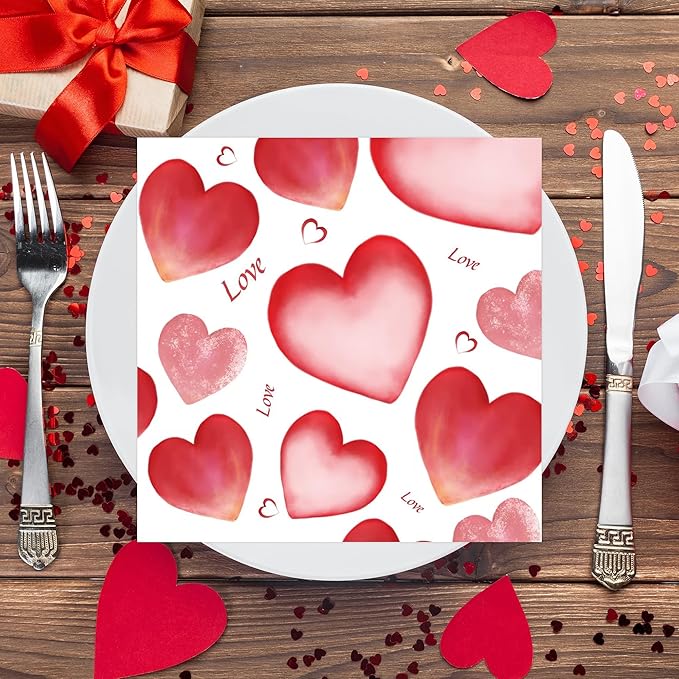 50PCS Valentines Day Paper Napkins - 13 X 13 Inch 2-Ply Disposable Paper Napkins with Pink Heart Design for Valentine's Parties, Weddings, Anniversaries Party Decoration