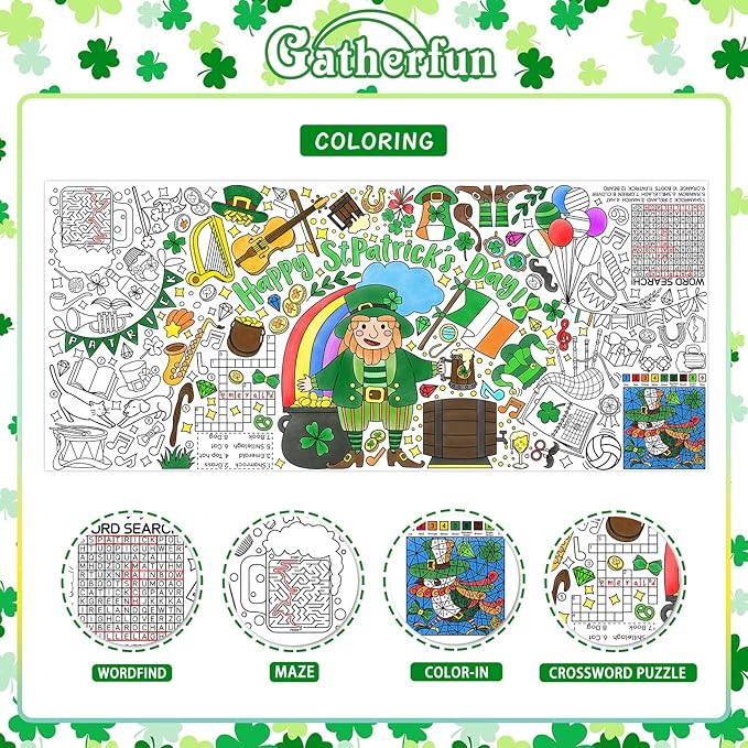 Gatherfun St. Patrick's Day Coloring Poster for Classroom Wall - Versatile 31.5 x 72 Inches irish themed Activity Poster/Table Cover, School Parties, St. Patrick's Day Party Decoration