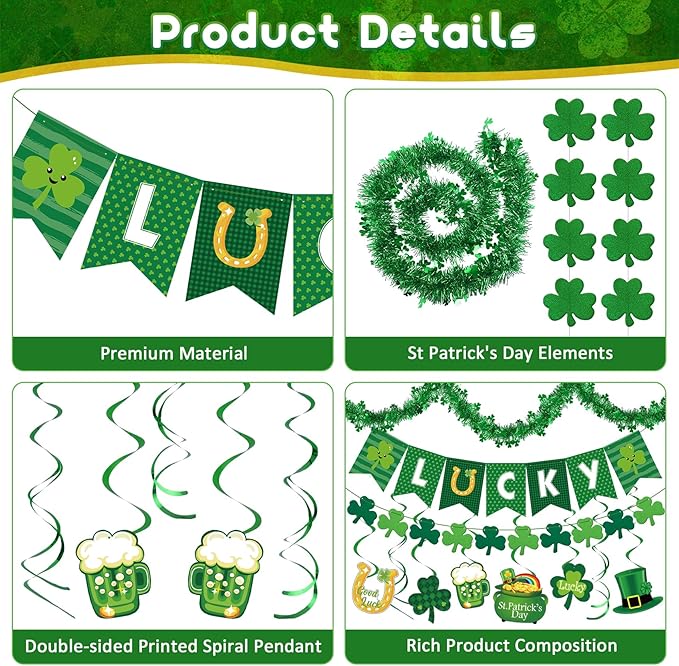 61Pcs St. Patrick's Day Decorations, Lucky Shamrock Banner Shamrocks Garland Saint Patrick Hanging Swirl Cutout 6.56FT St Patricks Day Garland Balloons for Irish Lucky Day Home Party Supplies
