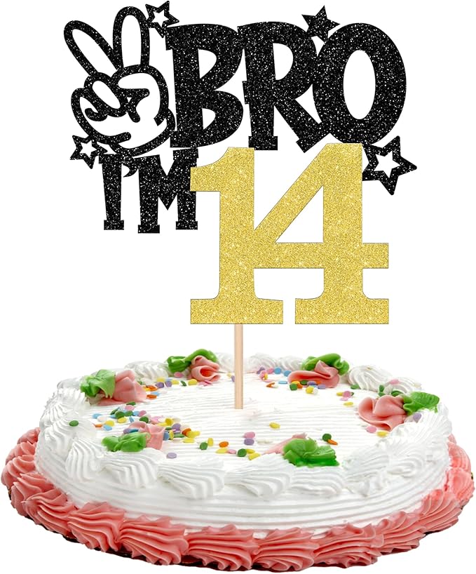 1 PCS Brother I'm 14 Cake Topper Glitter Star Happy 14th Birthday Cake Pick Bro I'm 14 Cake Decoration It's My 14th Birthday Decorations for Boys Cheers to 14 Years Old Birthday Party Supplies Gold